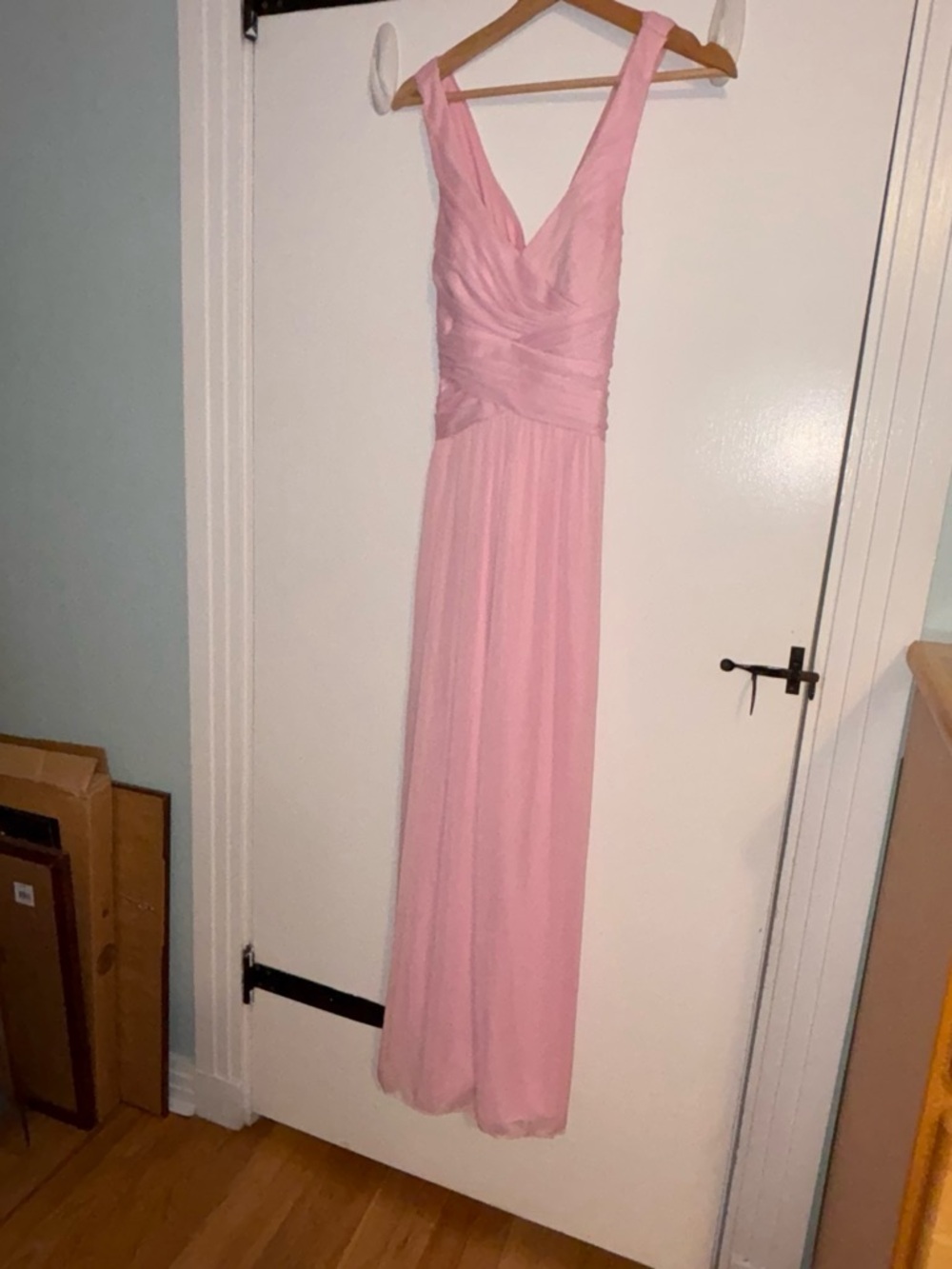 David's Bridal Soft Pink V-Neck Chiffon Maxi Dress